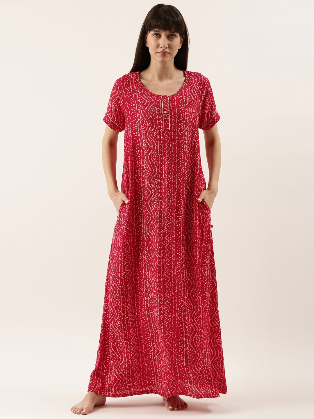 

Bannos Swagger women's Pink bandhani Printed Maxi Nightdress