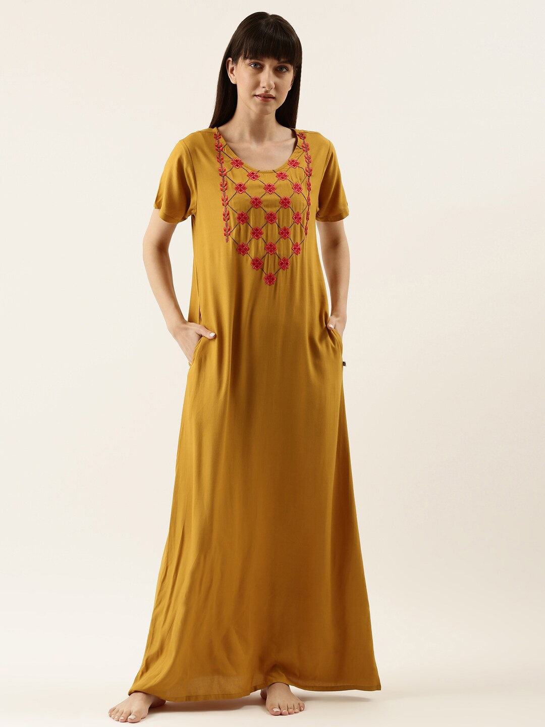 

Bannos Swagger Yellow Embroidered Maxi Nightdress