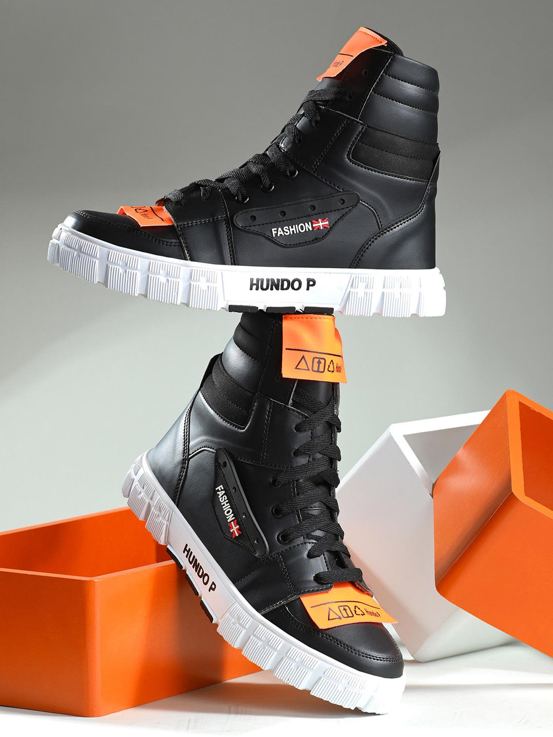 

Hundo P Men Black & Orange Textured High Street High Tops Boots