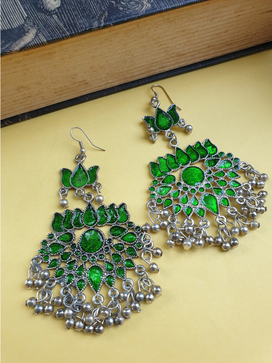 

FIROZA Silver-Toned & Green Floral Drop Earrings