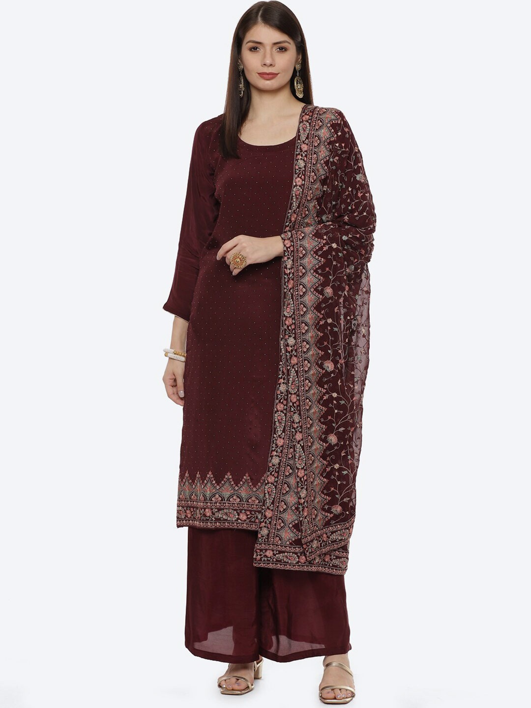 

Biba Red & Gold-Toned Unstitched Dress Material