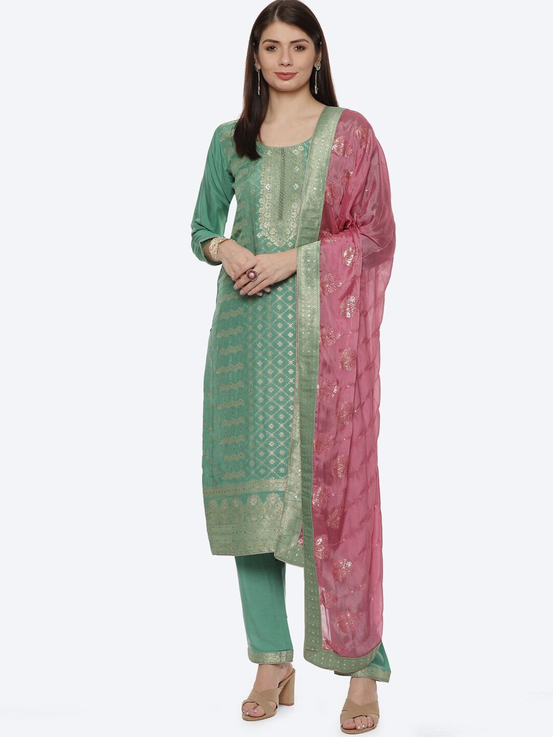 

Biba Green & Pink Unstitched Dress Material