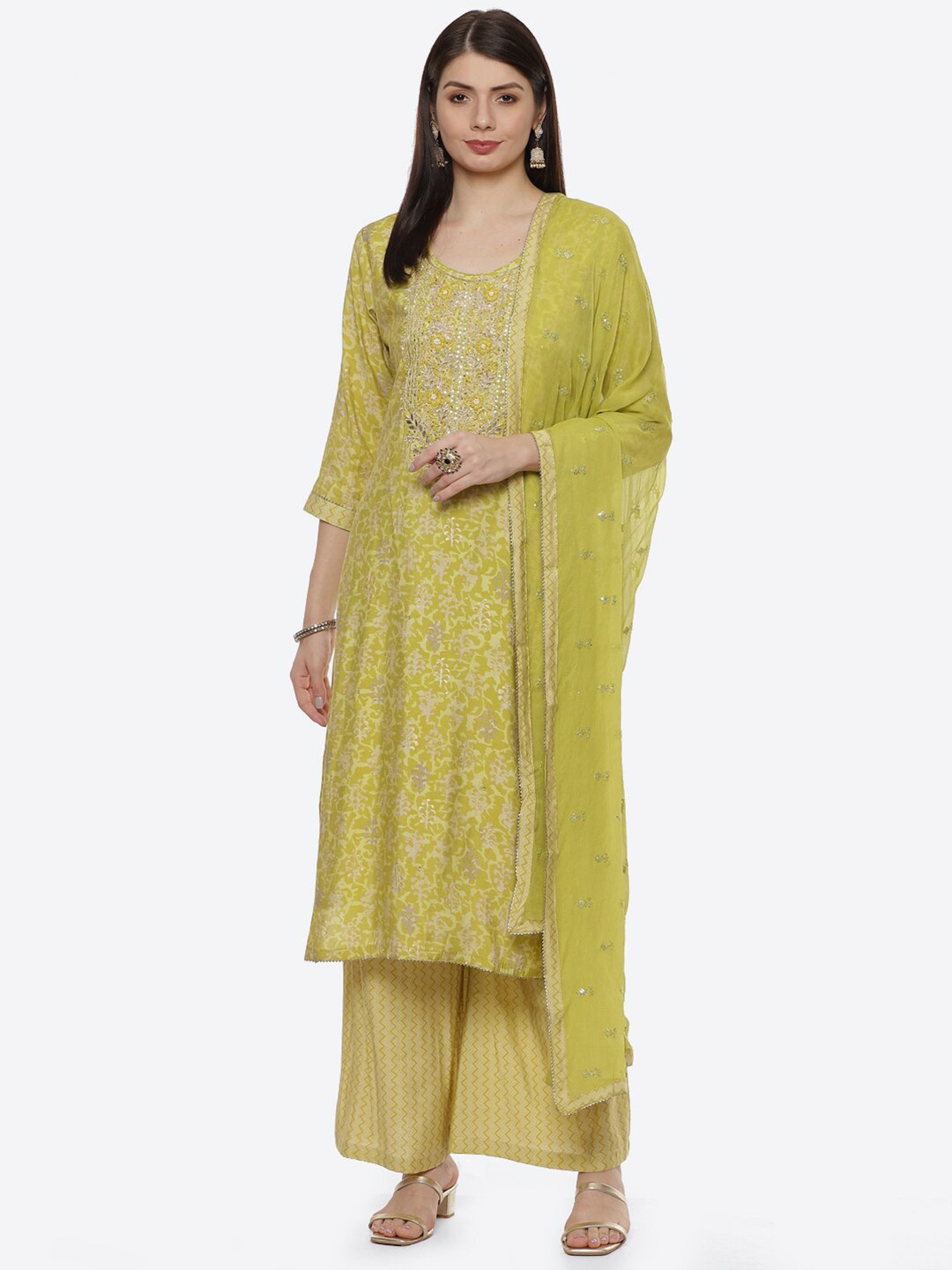 

Biba Green & Gold-Toned Unstitched Dress Material