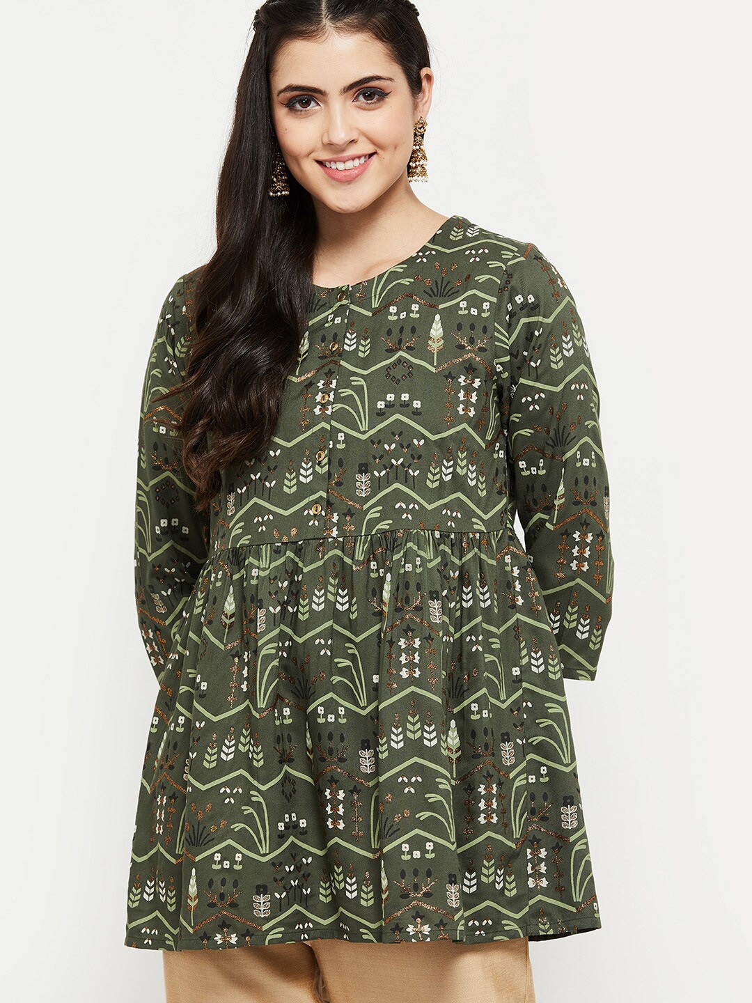 

max Women Green & White Printed Tunic