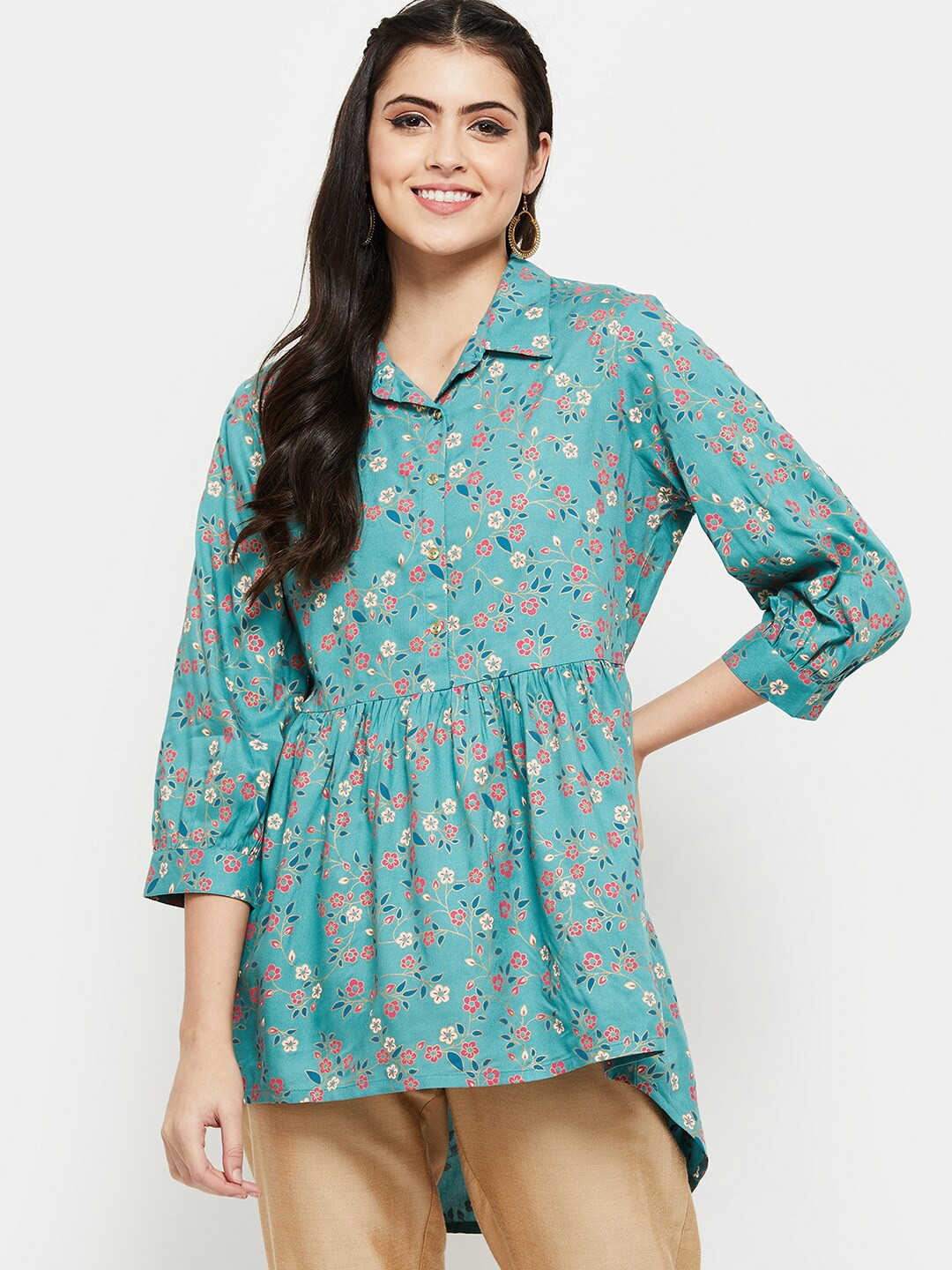 

max Green & Pink Shirt Collar Printed Tunic