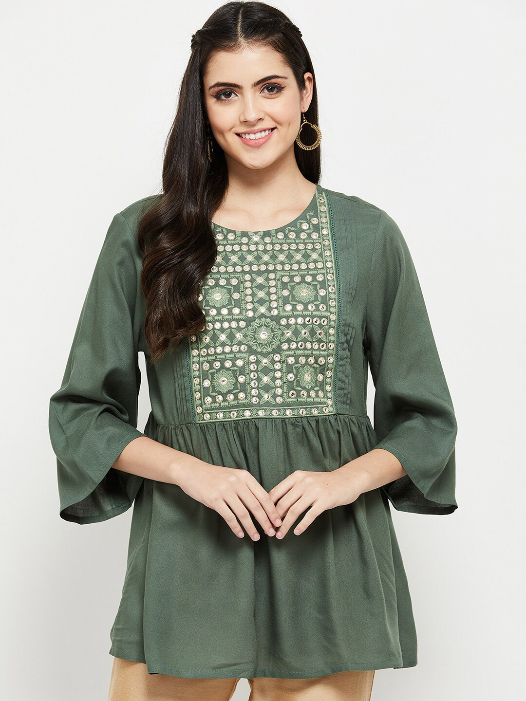 

max Green & Cream-Coloured Embroidered Tunic