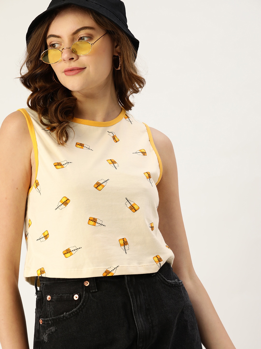 

DressBerry Women Yellow Printed Pure Cotton T-shirt
