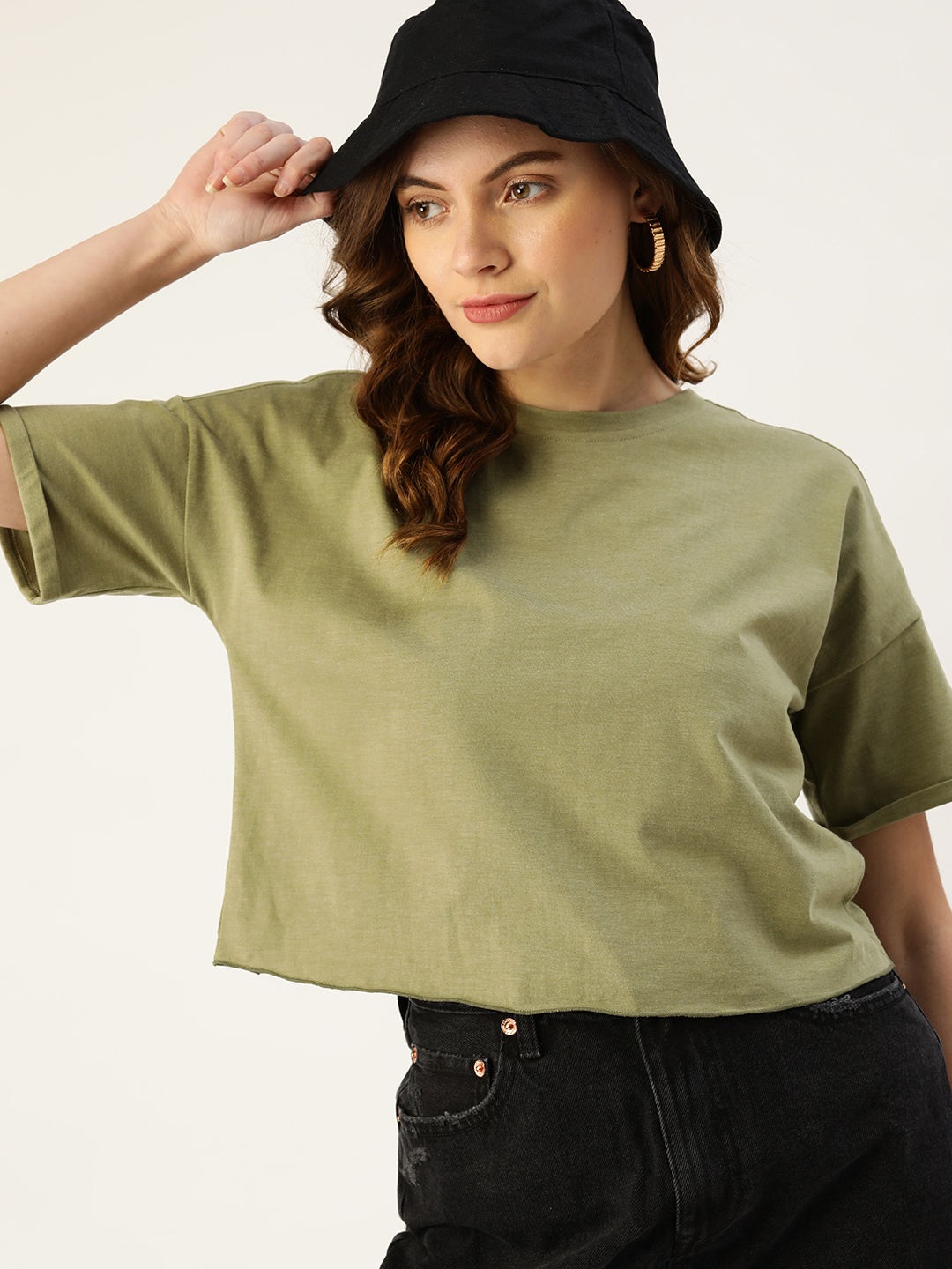 

DressBerry Women Olive Green Drop-Shoulder Sleeves T-shirt