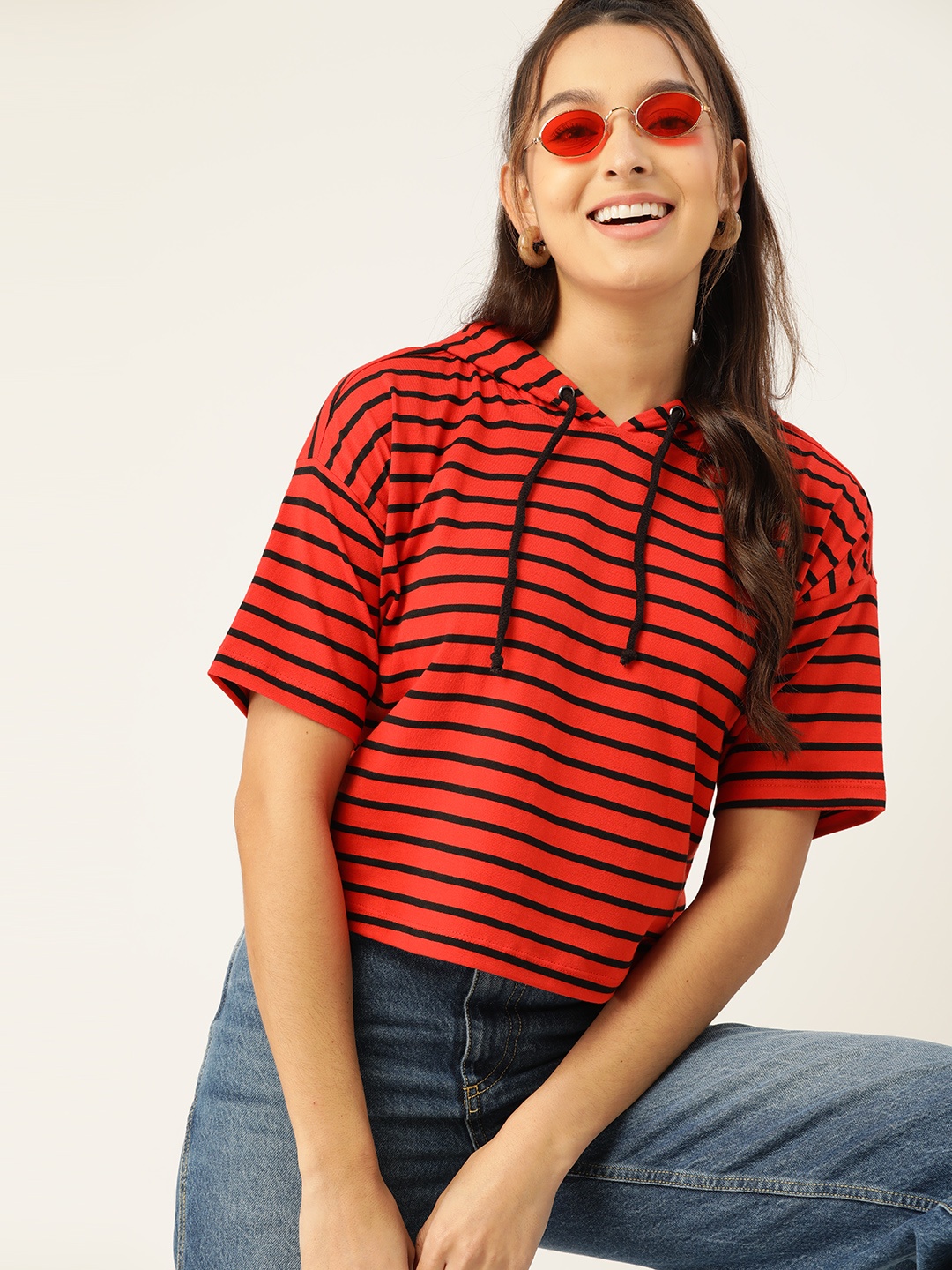 

DressBerry Women Striped Drop-Shoulder Sleeves Hooded T-shirt, Red