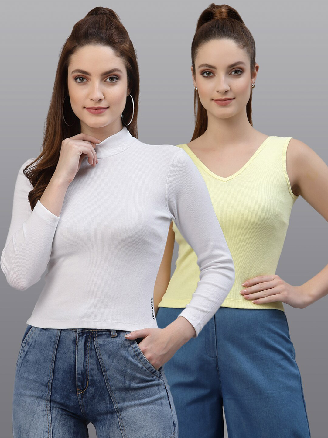 

Friskers Pack of 2 Women White & Yellow Solid High Neck Top