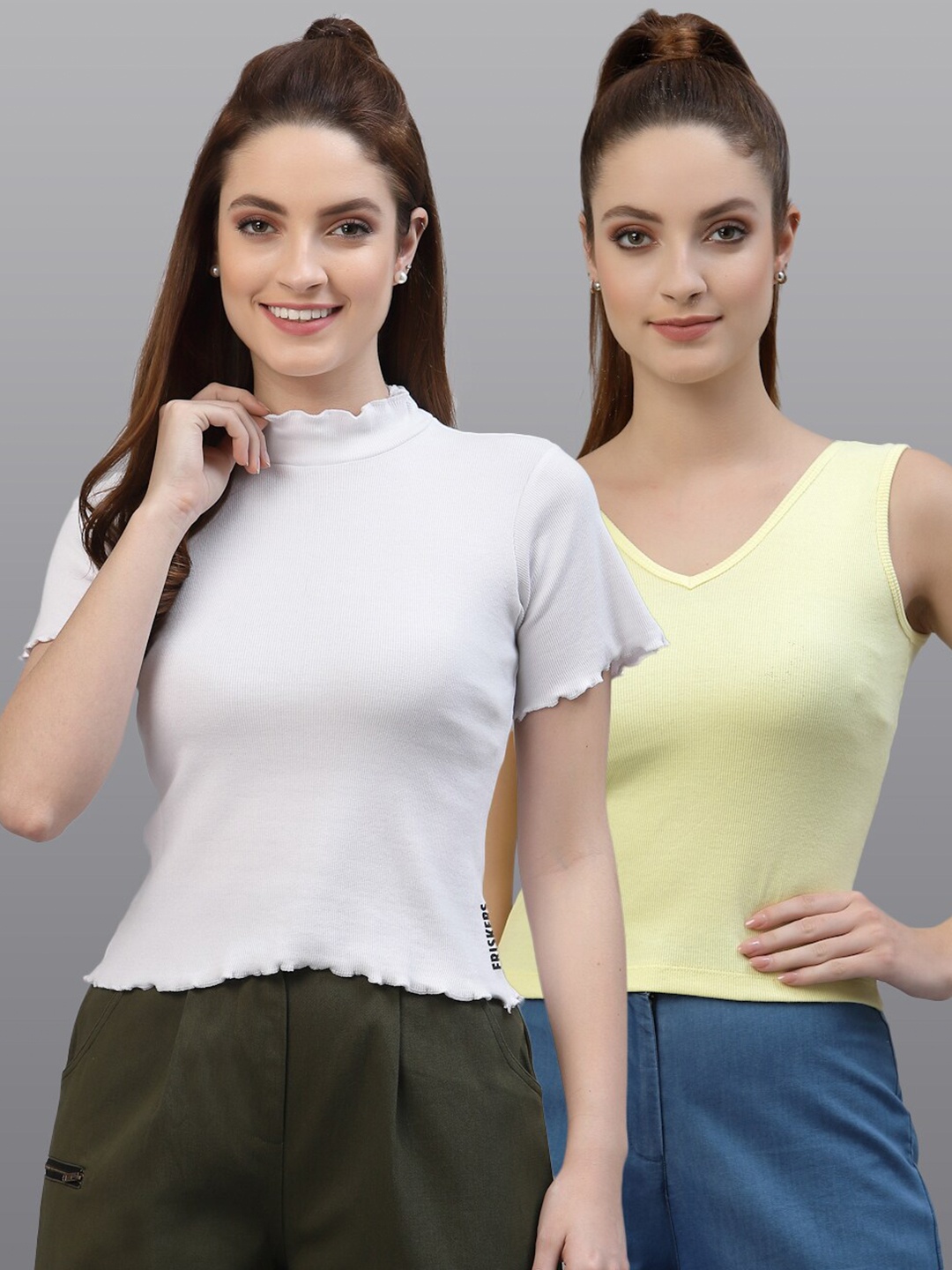 

Friskers Pack of 2 Women White & Yellow Solid High Neck Top