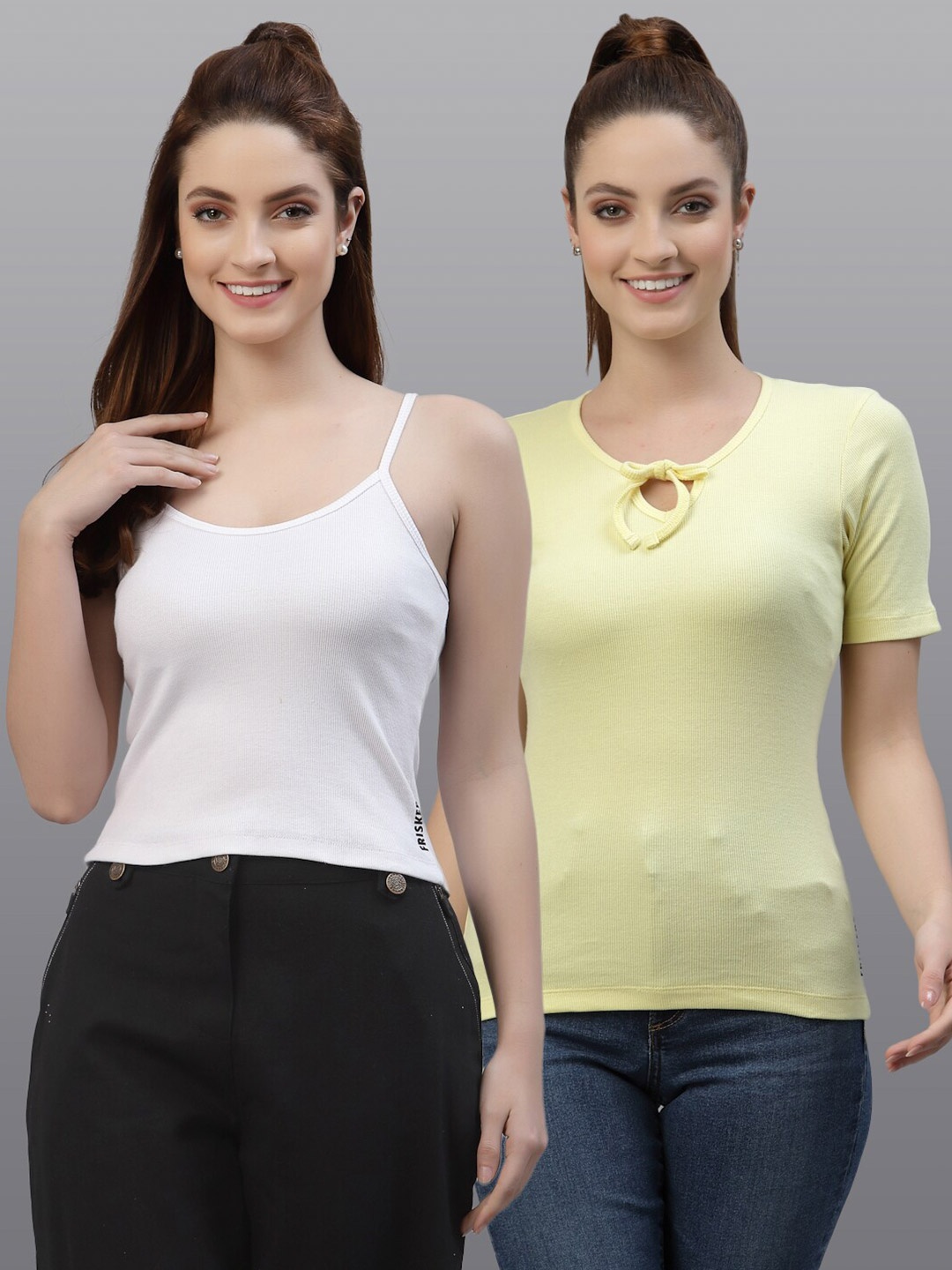 

Friskers Women White & Yellow Pack Of 2 Top