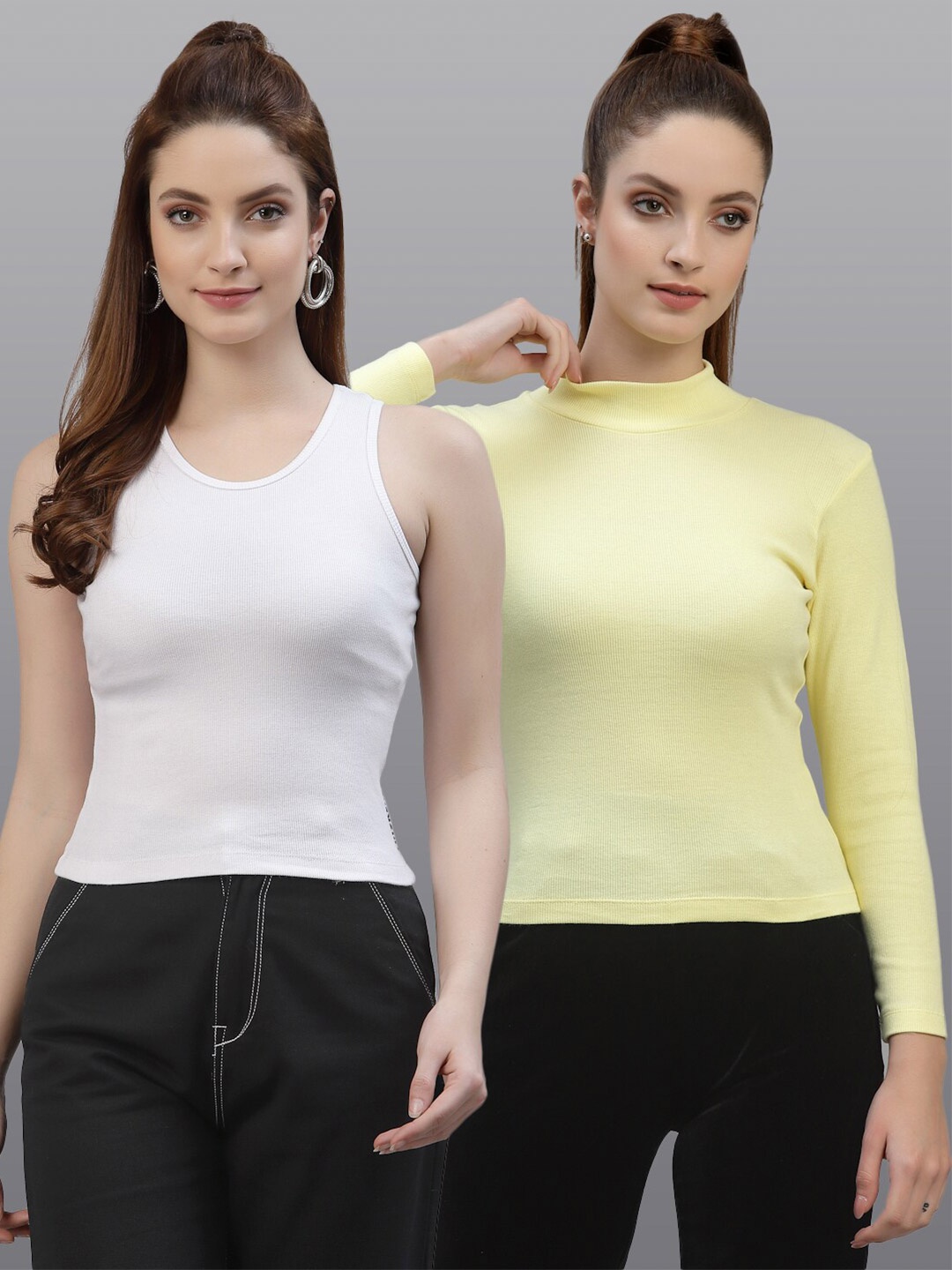 

Friskers Pack of 2 Women White & Yellow Solid Top