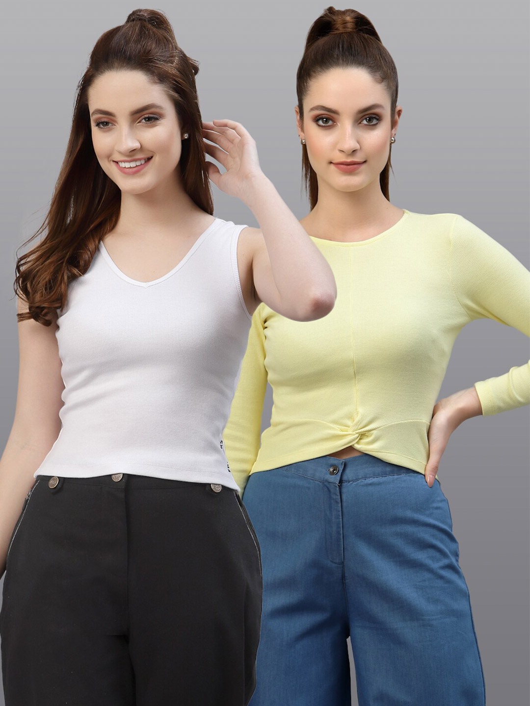 

Friskers Pack of 2 Women White & Yellow Solid V-Neck Top