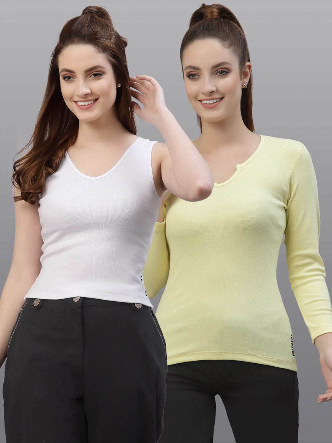 

Friskers Pack of 2 Women White & Yellow Solid V-Neck Top
