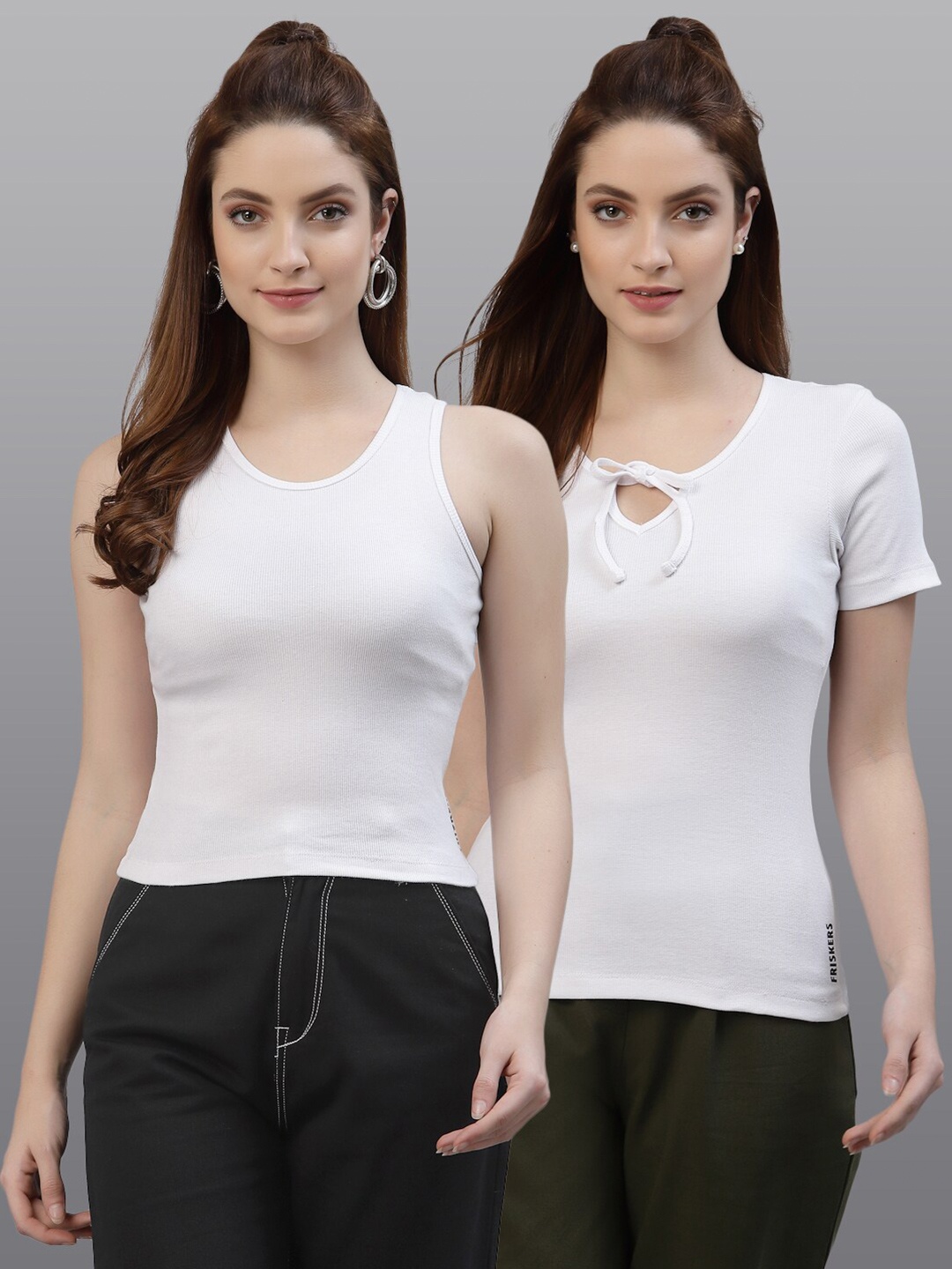 

Friskers Set Of 2 White Tie-Up Neck Top