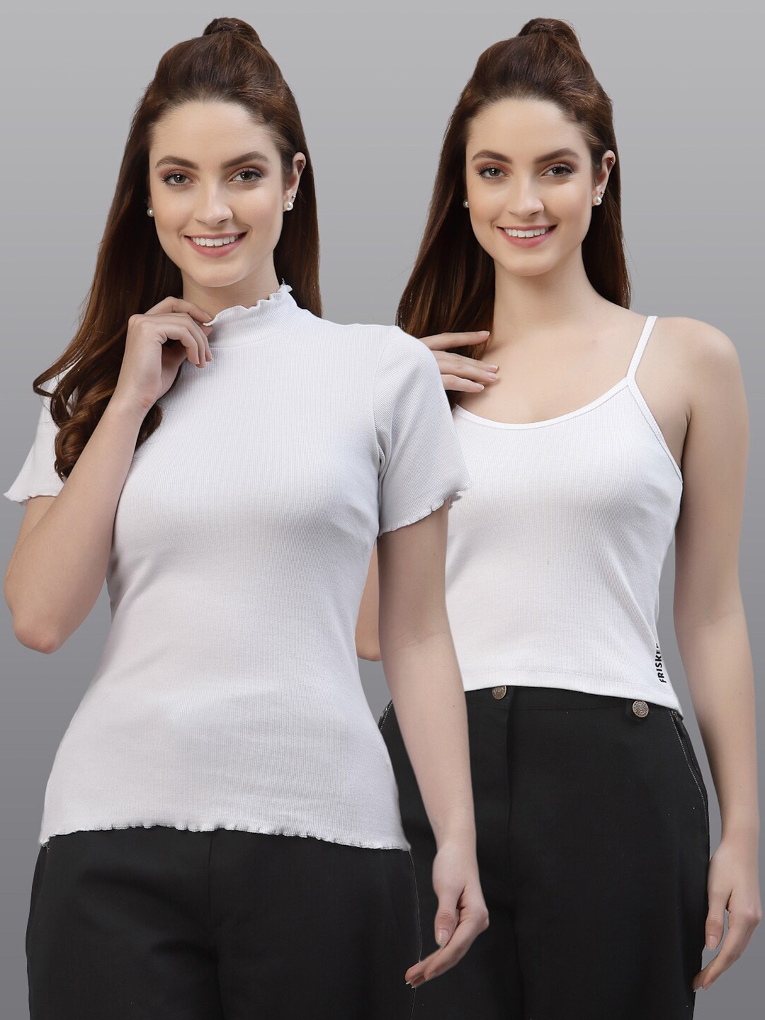 

Friskers Pack Of 2 White Solid Fitted Tops