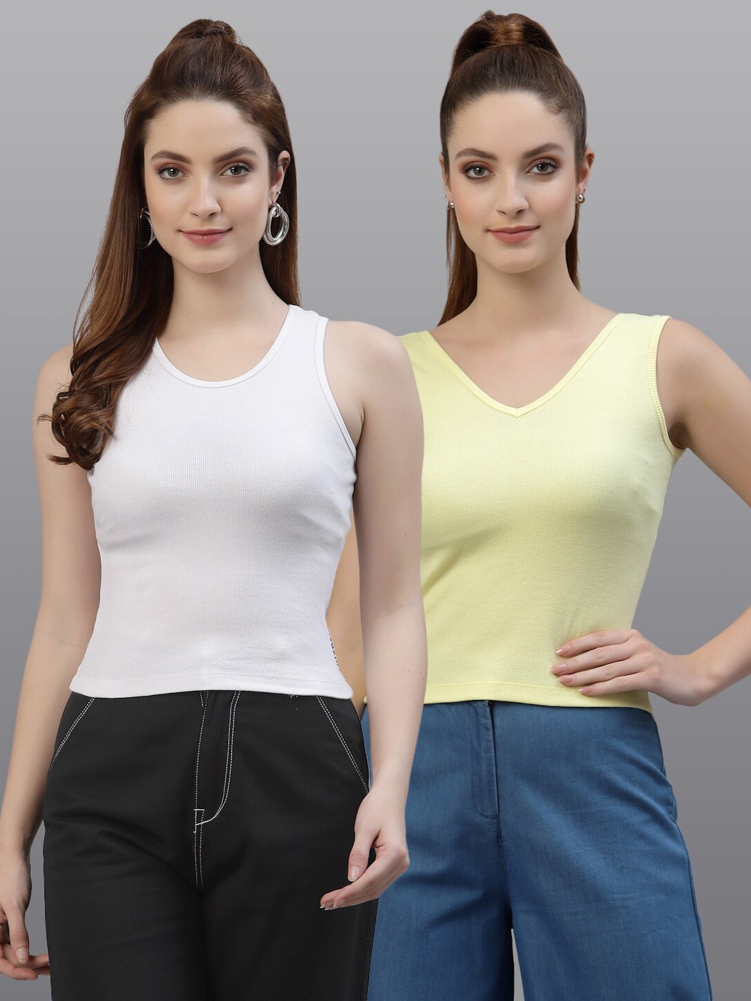 

Friskers Pack of 2 Women White & Yellow Solid V-Neck Top