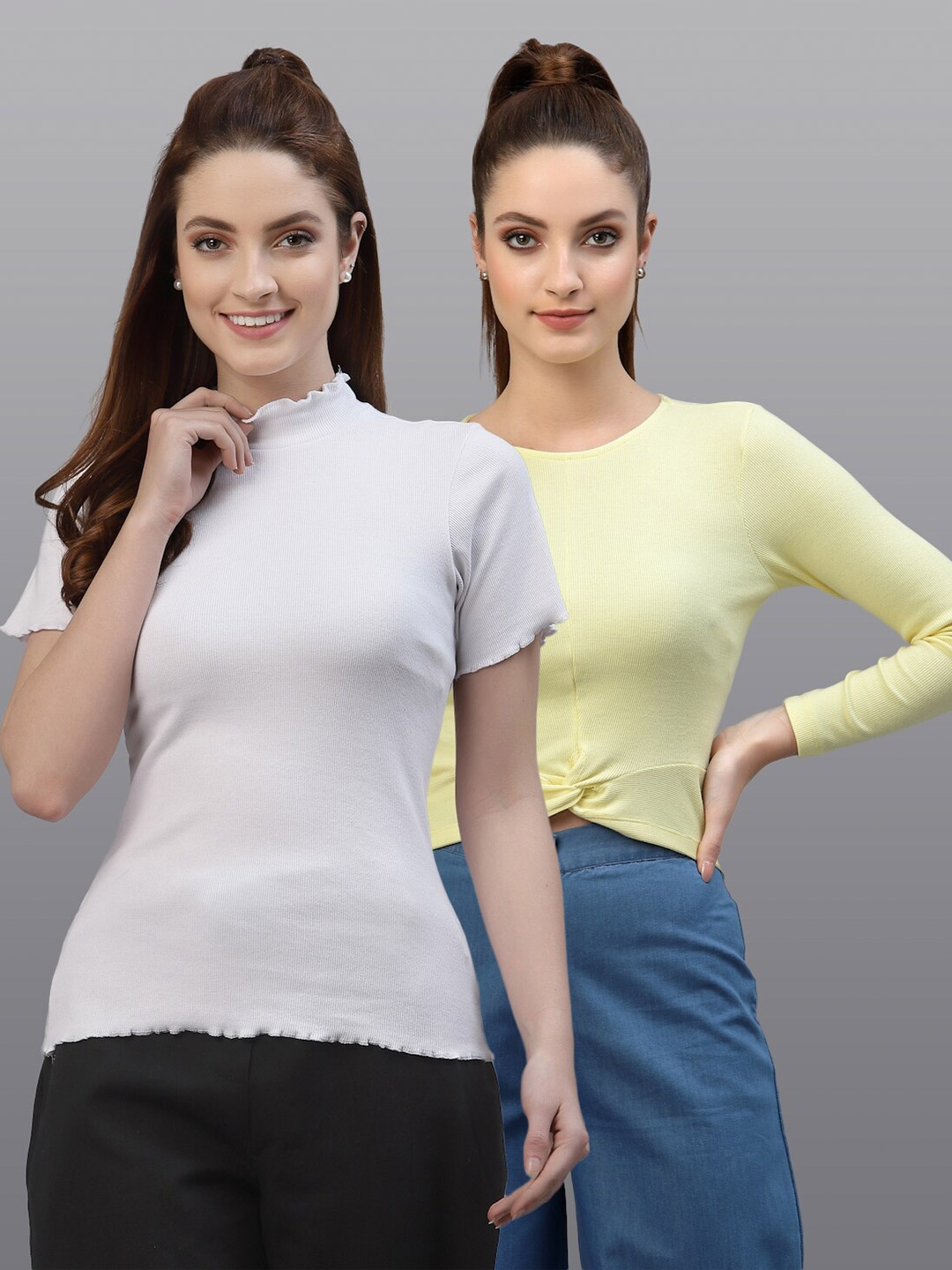 

Friskers Pack Of 2 White & Yellow Solid Fitted Tops