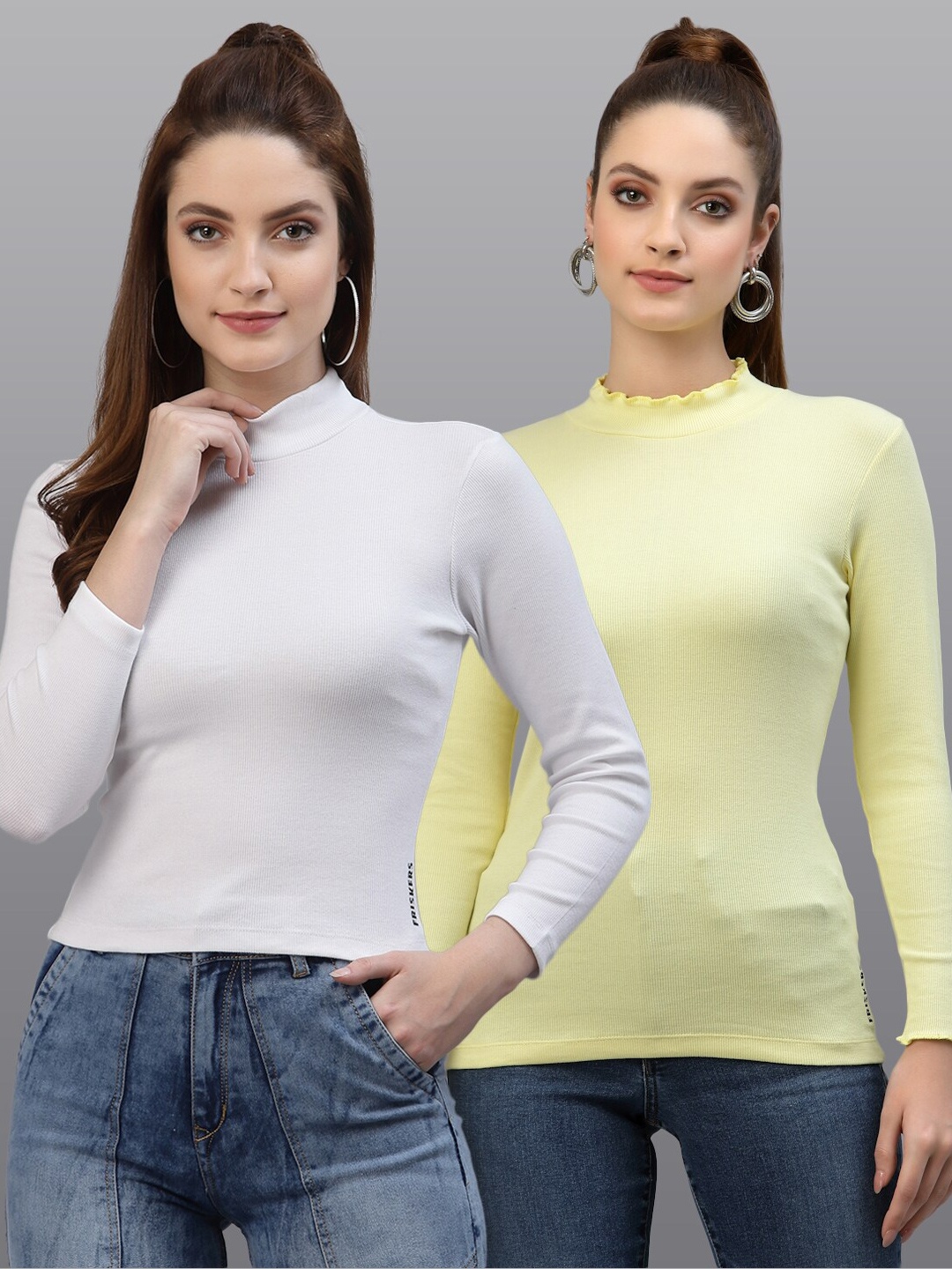 

Friskers Pack of 2 Women White & Yellow Solid High Neck Top