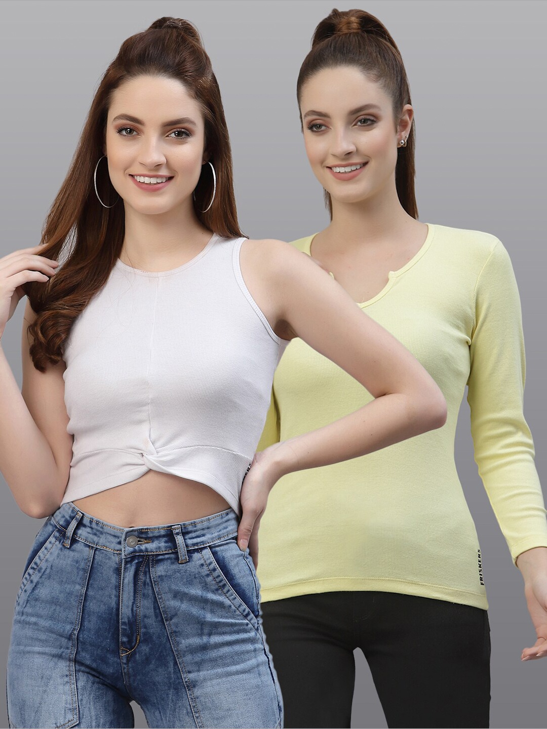 

Friskers Pack of 2 Women White & Yellow Solid Twisted Crop Fitted Top