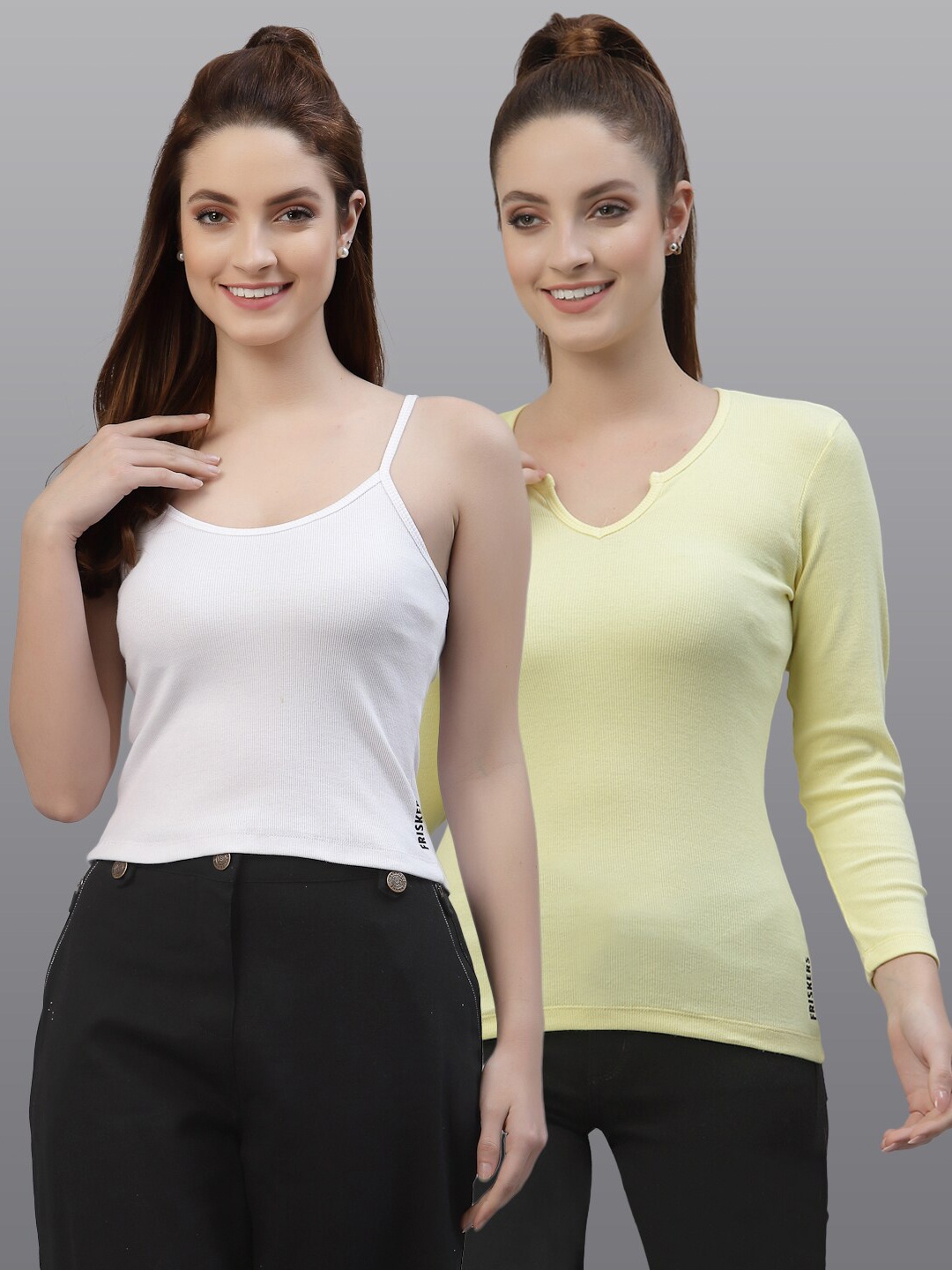 

Friskers Pack Of 2 White & Yellow Solid Fitted Tops