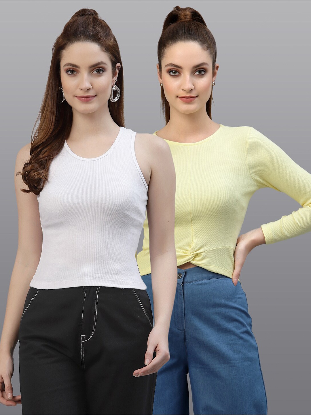 

Friskers Women White & Yellow Pack Of 2 Crop Top