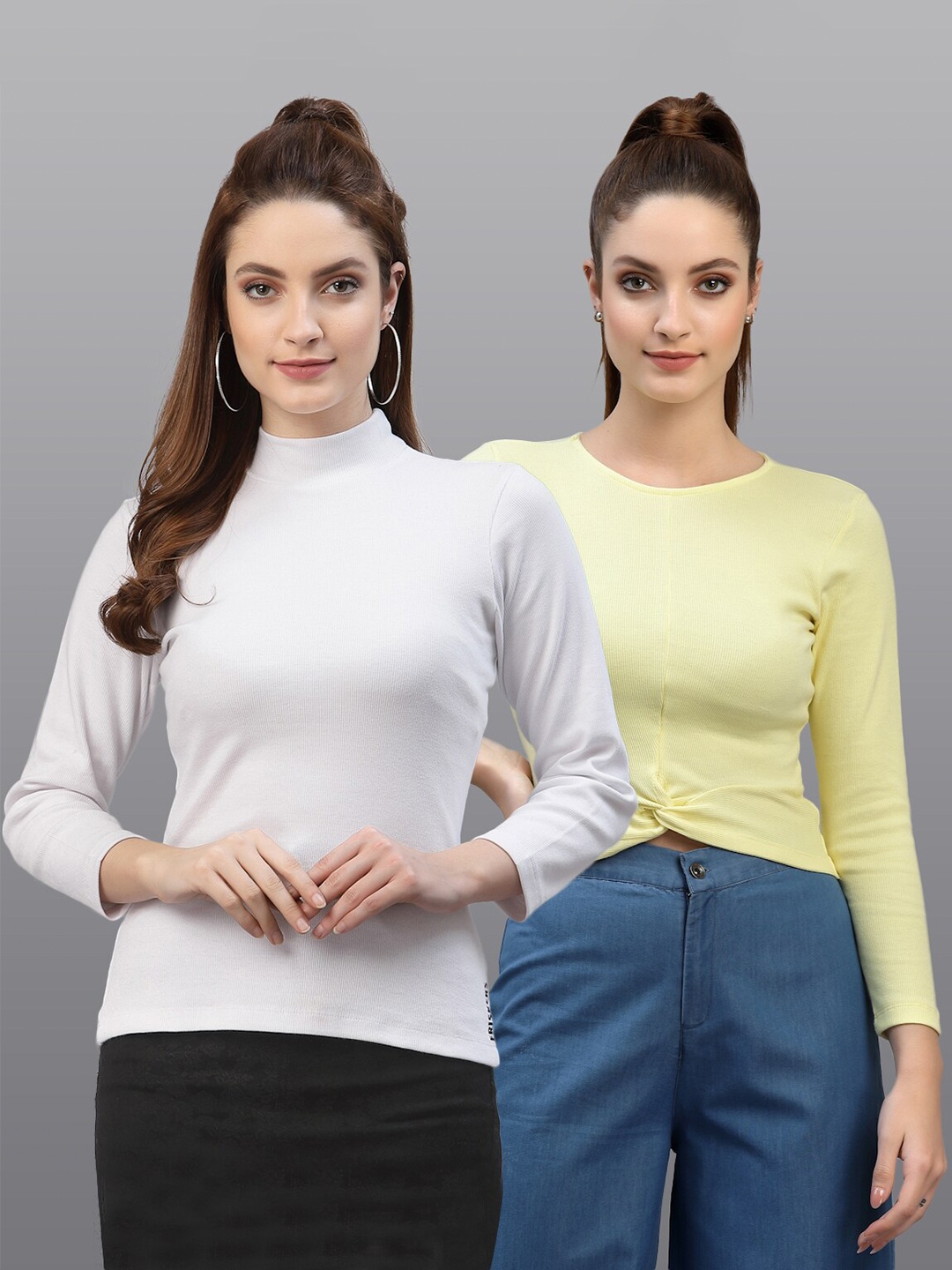 

Friskers Pack Of 2 White & Yellow Solid Fitted Tops