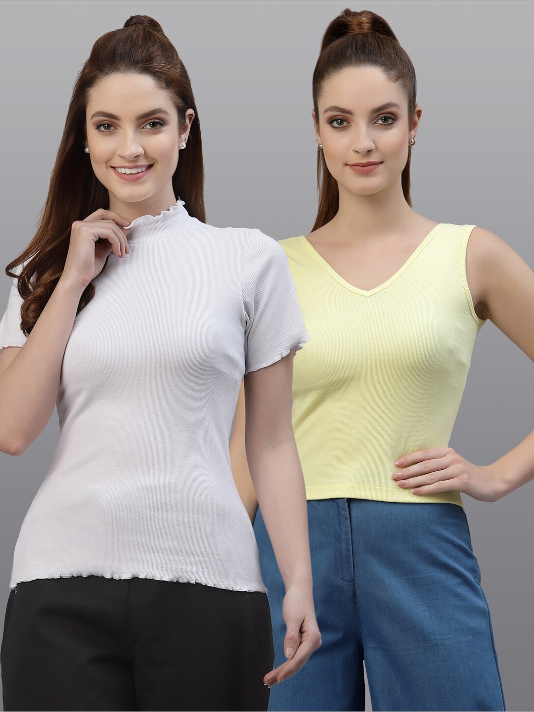 

Friskers Pack Of 2 White & Yellow Solid Fitted Tops