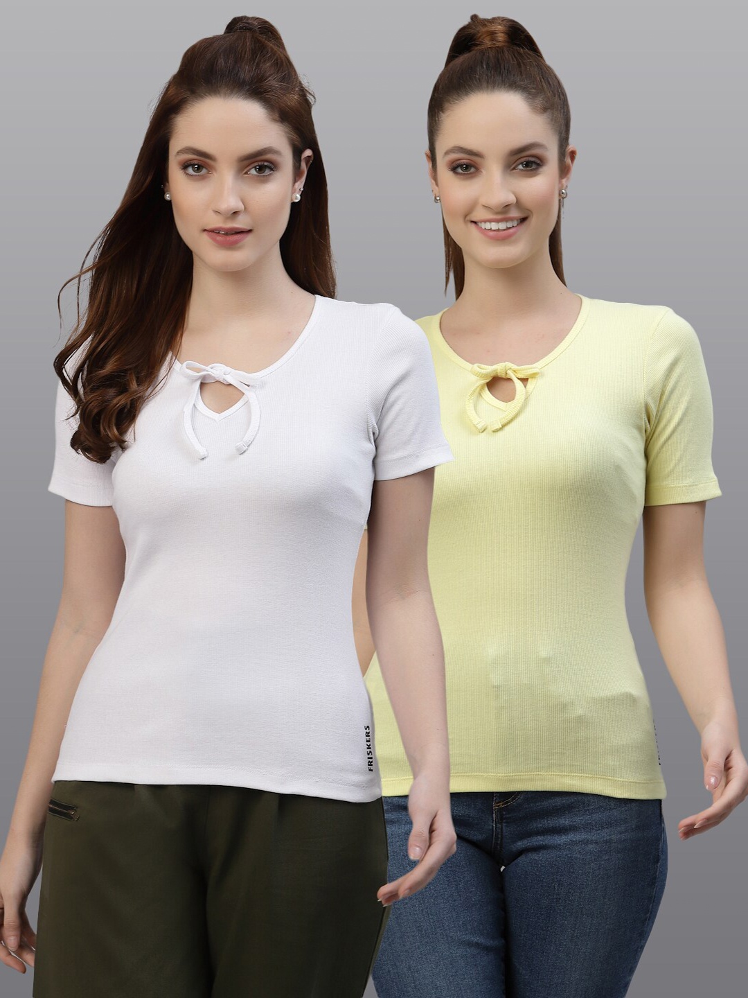 

Friskers Pack of 2 Women White & Yellow Keyhole Neck Top