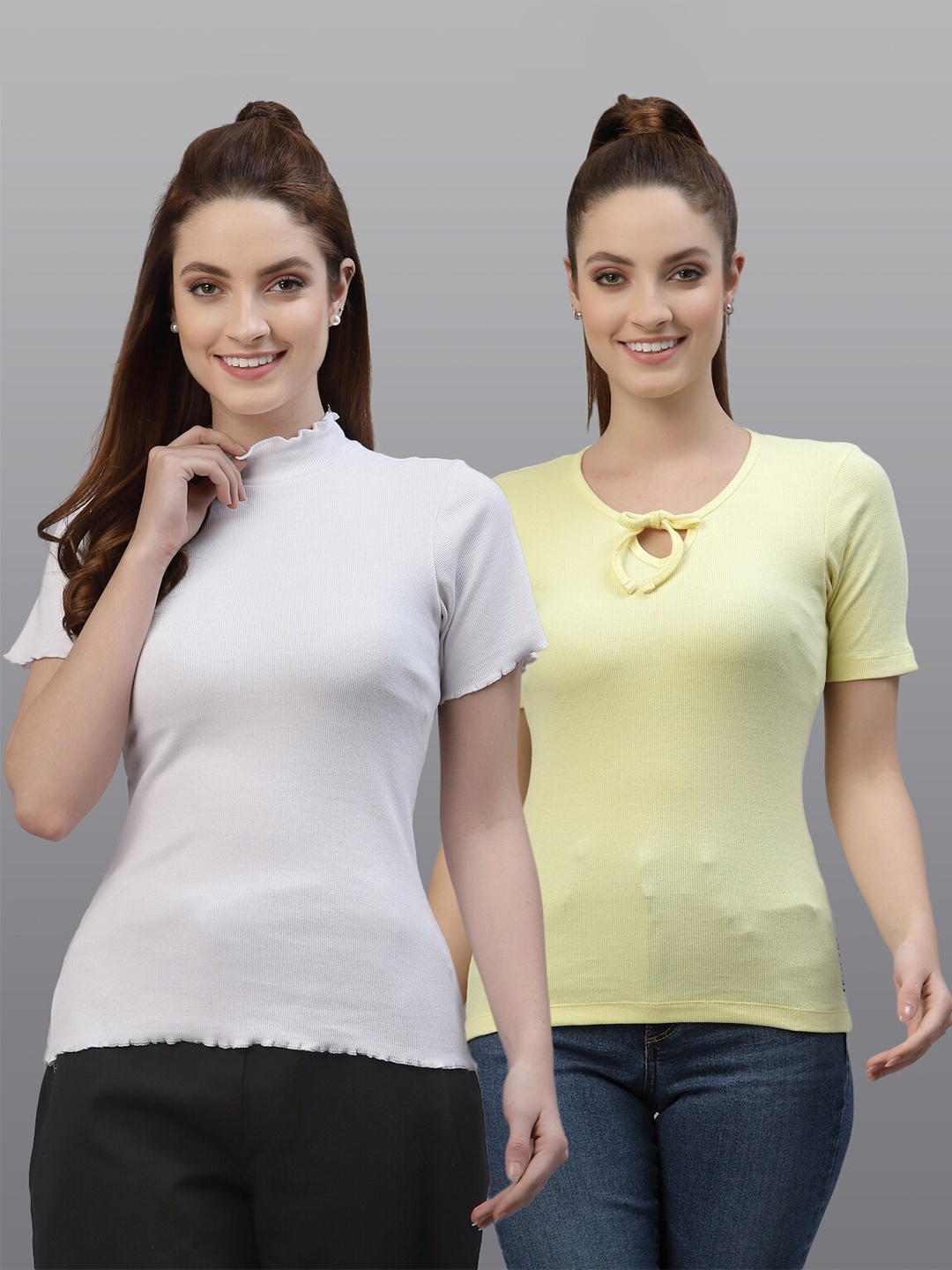 

Friskers Pack Of 2 White & Yellow Solid Fitted Tops