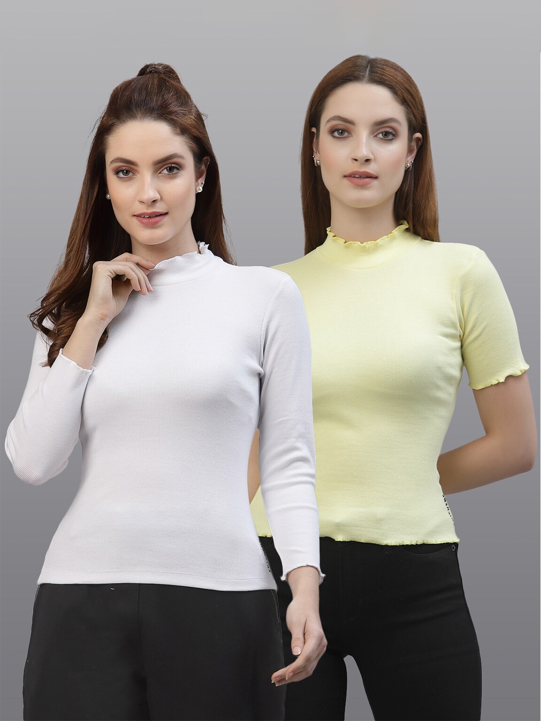 

Friskers Pack of 2 Women White & Yellow Solid High Neck Top