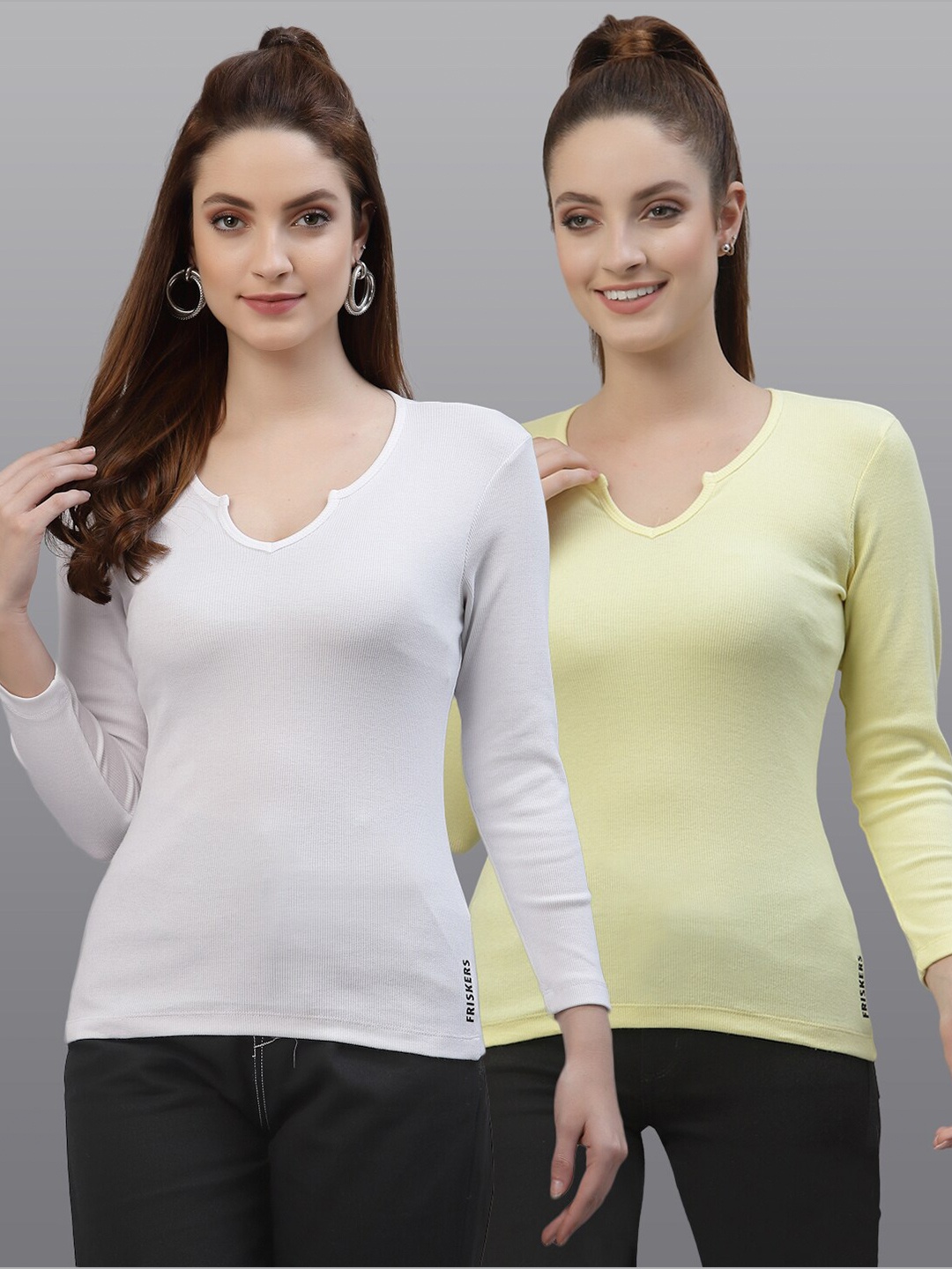 

Friskers Pack of 2 Women White & Yellow Solid V-Neck Top