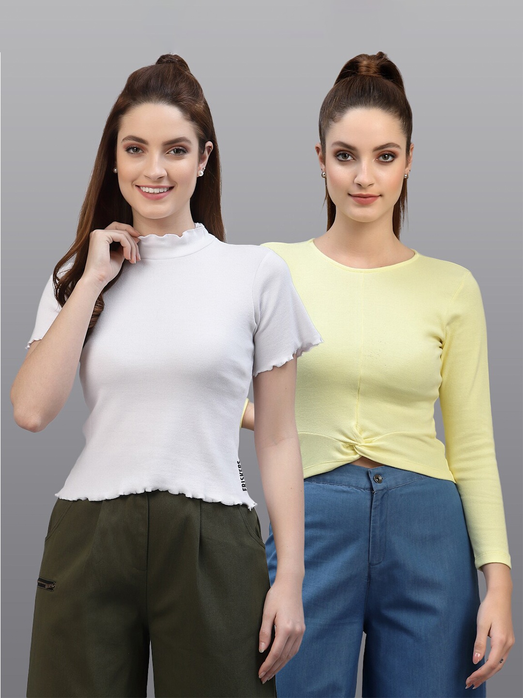 

Friskers Pack Of 2 White & Yellow Solid Fitted Tops