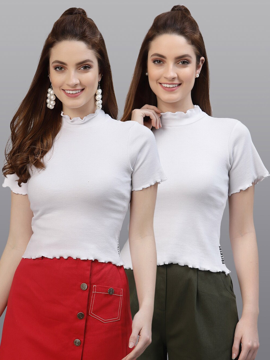 

Friskers Pack of 2 Women White Solid High Neck Top