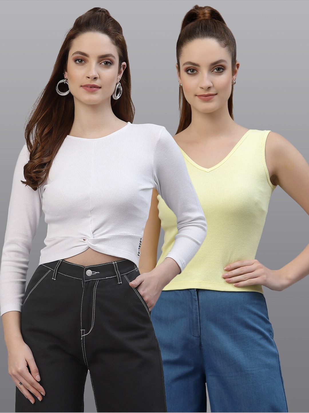 

Friskers Pack of 2 Women White & Yellow Twisted Crop Top