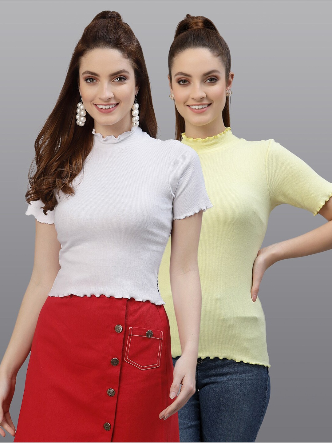 

Friskers Pack Of 2 White & Yellow Solid Fitted Tops