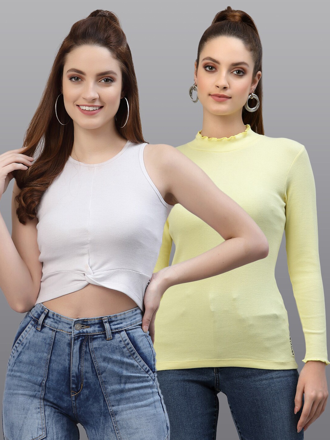

Friskers Pack of 2 Women White & Yellow Solid Twisted Crop Top