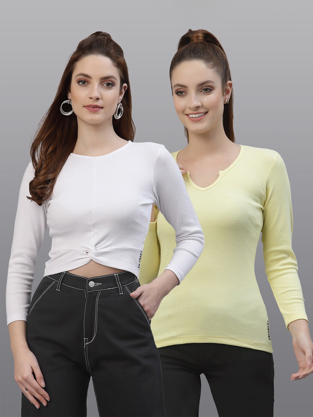 

Friskers Pack Of 2 White & Yellow Solid Fitted Tops