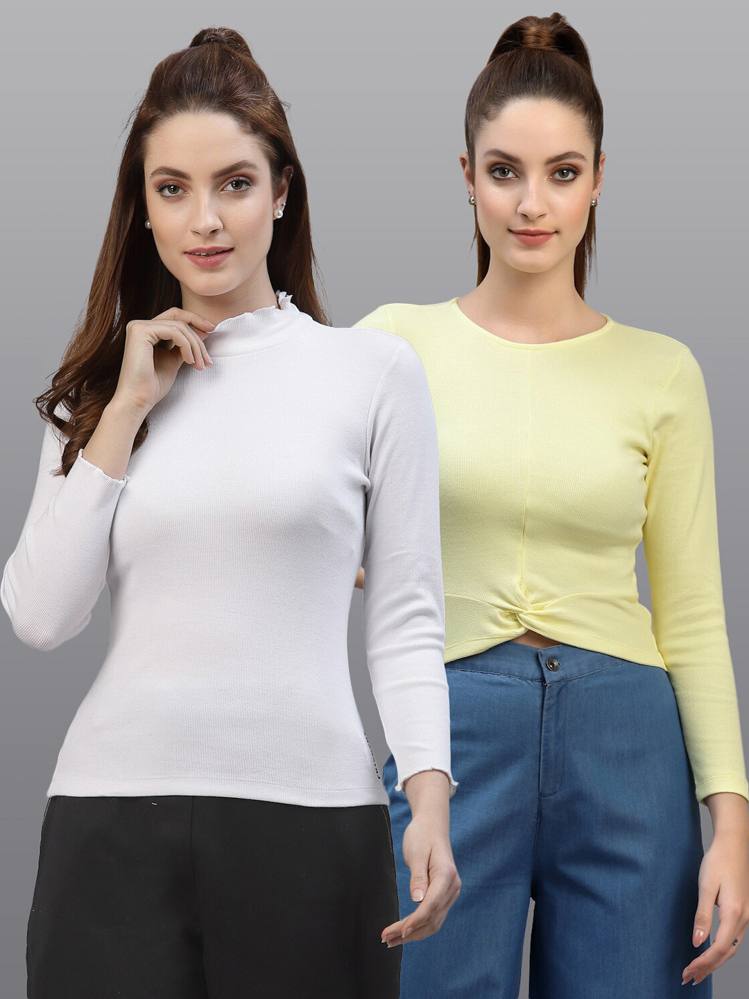 

Friskers Pack Of 2 White & Yellow Solid Fitted Tops
