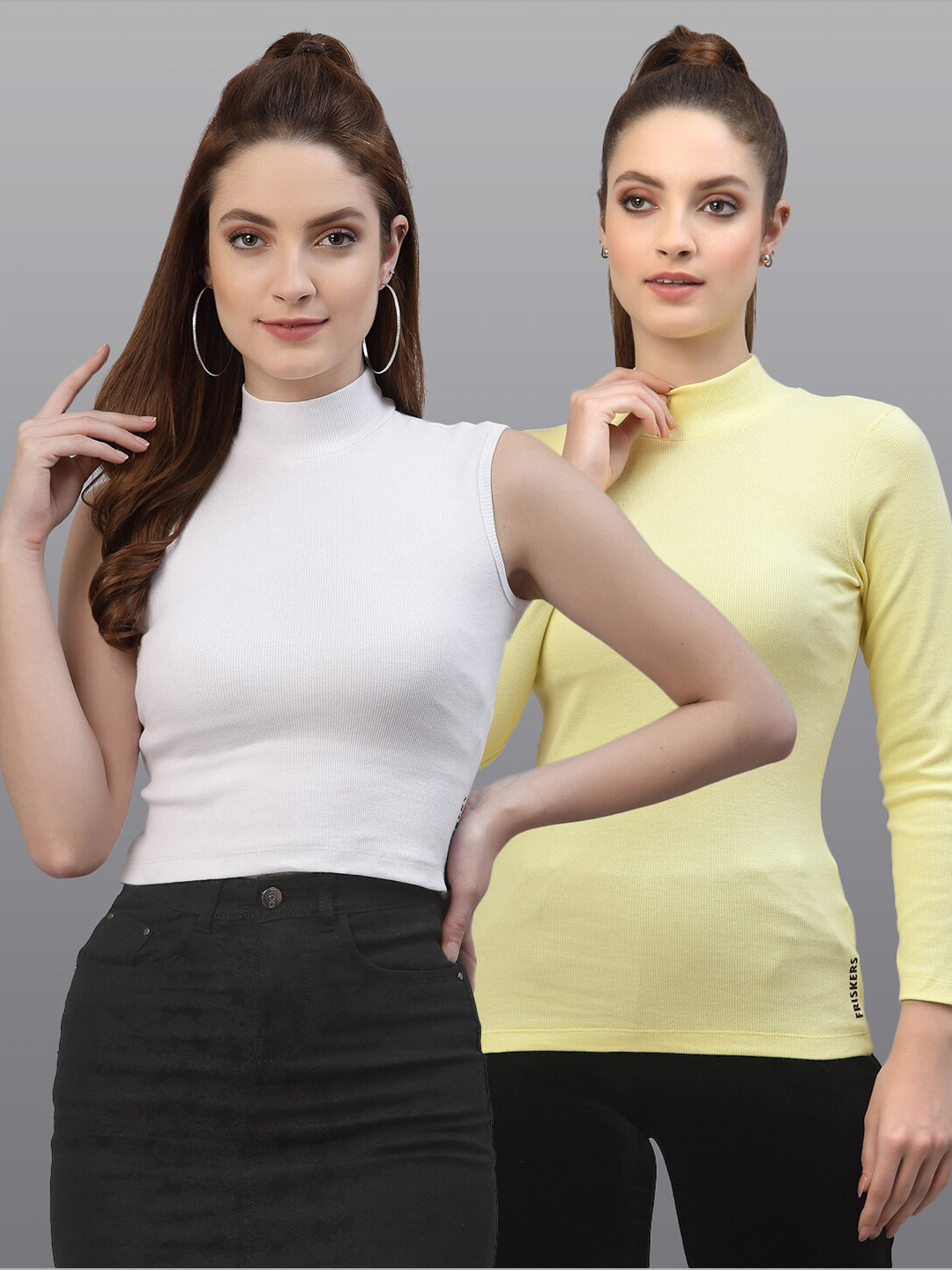 

Friskers Pack Of 2 White & Yellow Solid Fitted Tops