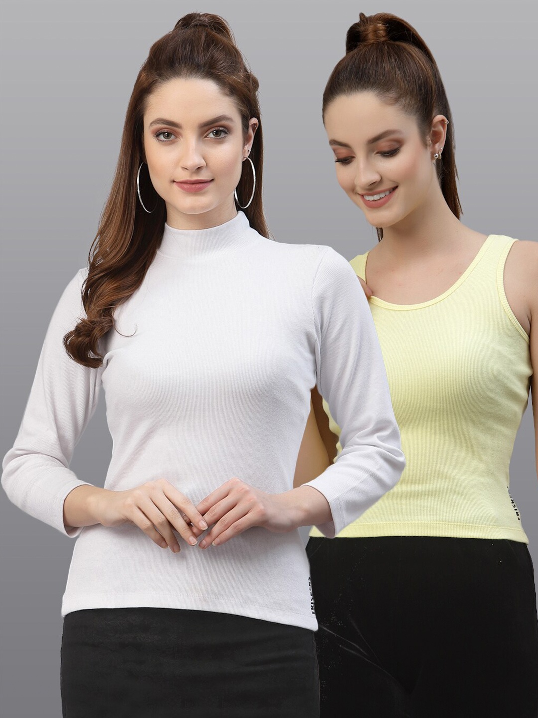 

Friskers Pack Of 2 White & Yellow Solid Fitted Tops