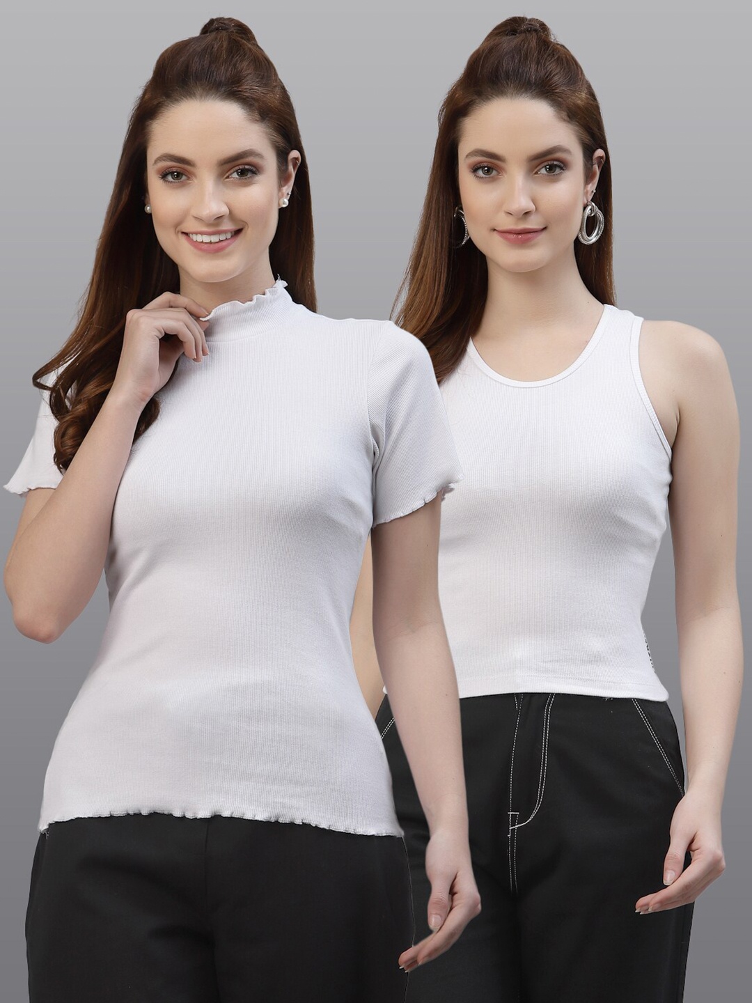 

Friskers Pack of 2 Women White Solid High Neck Top