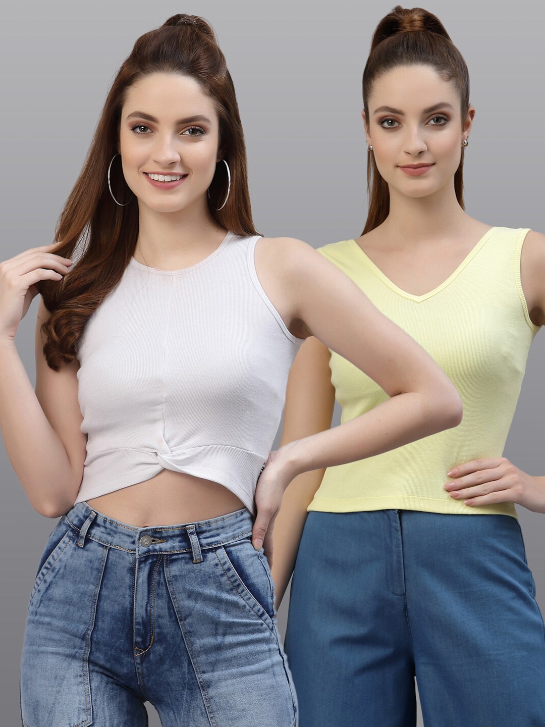 

Friskers Pack Of 2 White & Yellow Crop Top