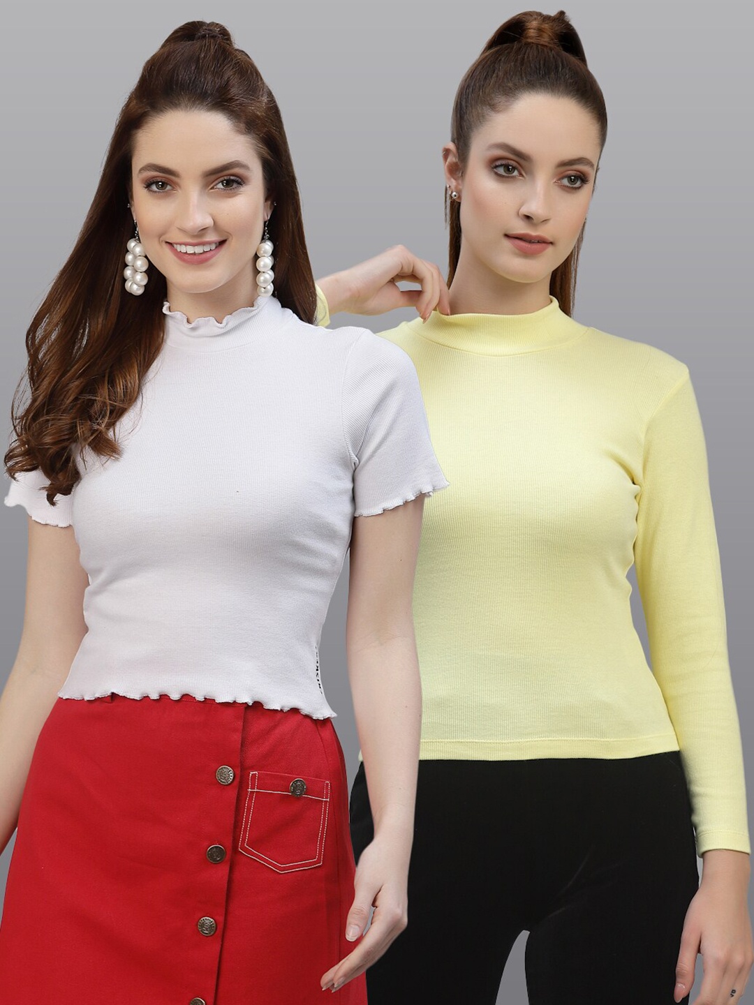 

Friskers Pack Of 2 White & Yellow Solid Fitted Tops