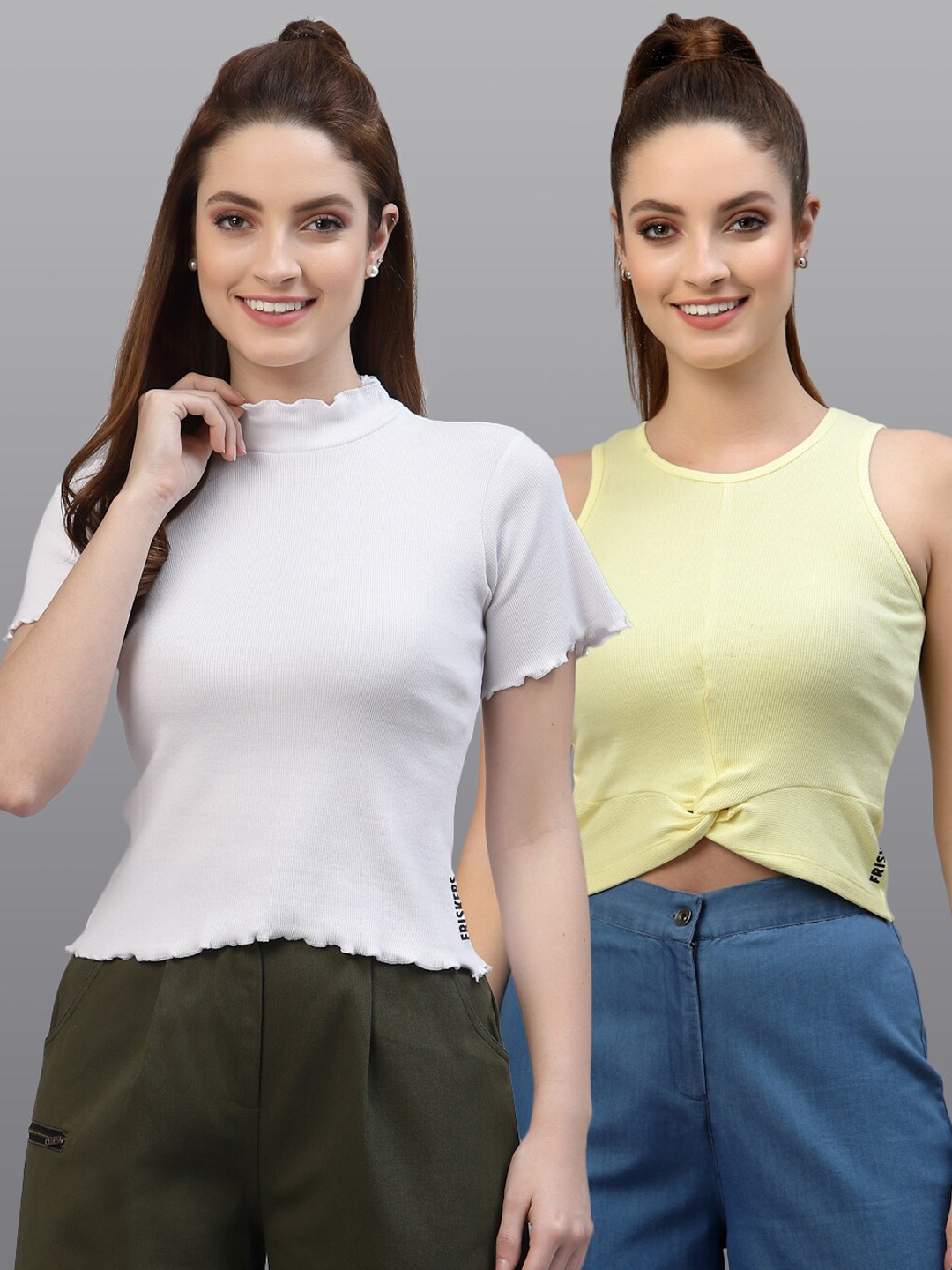 

Friskers Pack of 2 Women White & Yellow High Neck Top