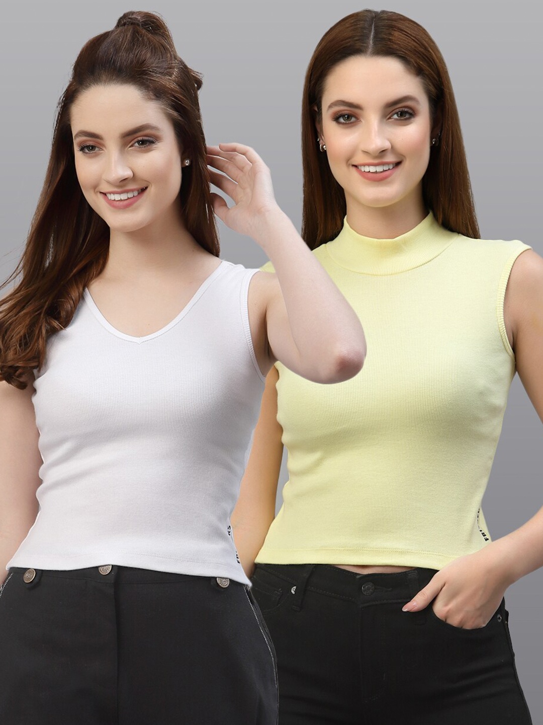 

Friskers Pack of 2 Women White & Yellow Solid V-Neck Top