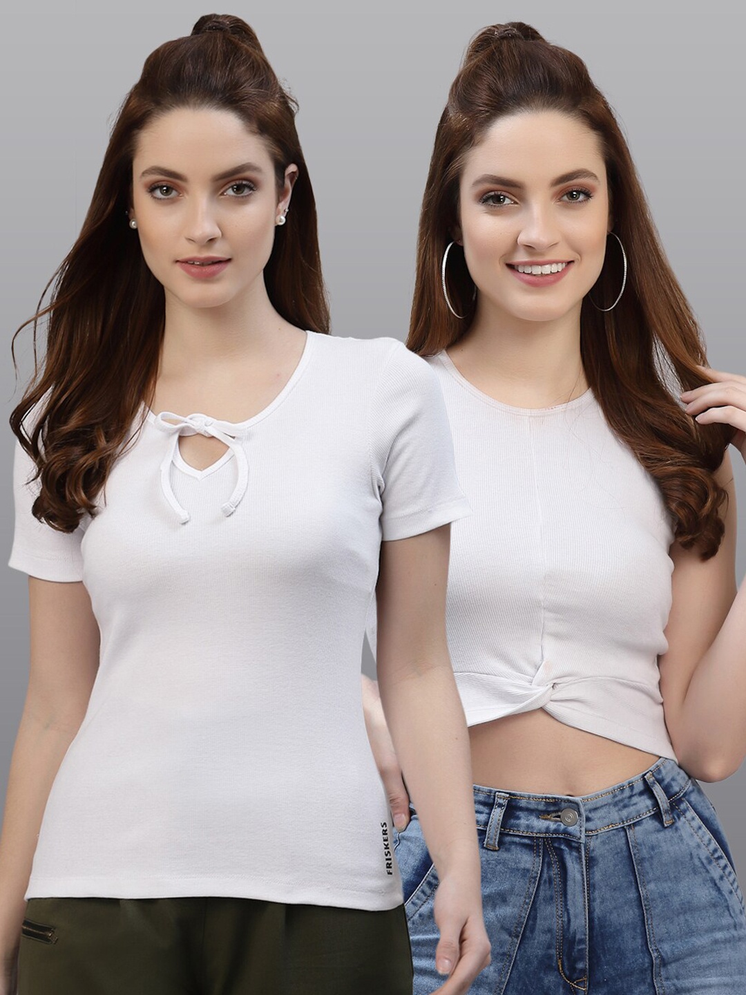 

Friskers Pack Of 2 White Solid Fitted Tops