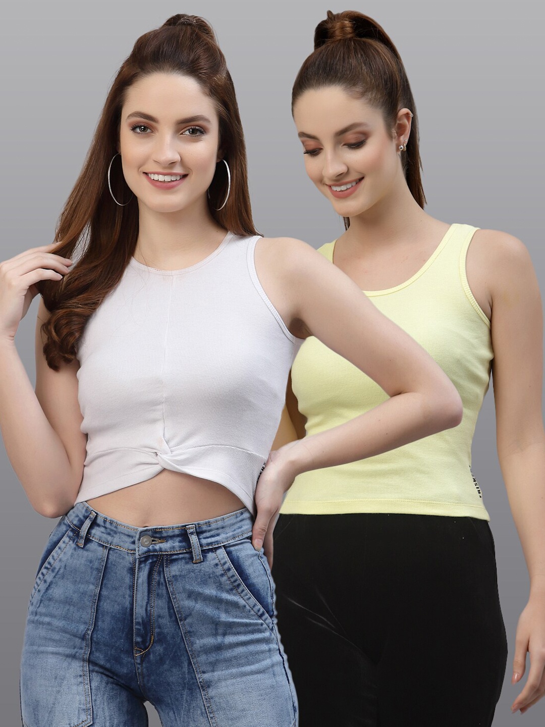 

Friskers Set Of 2 White & Yellow Crop Top