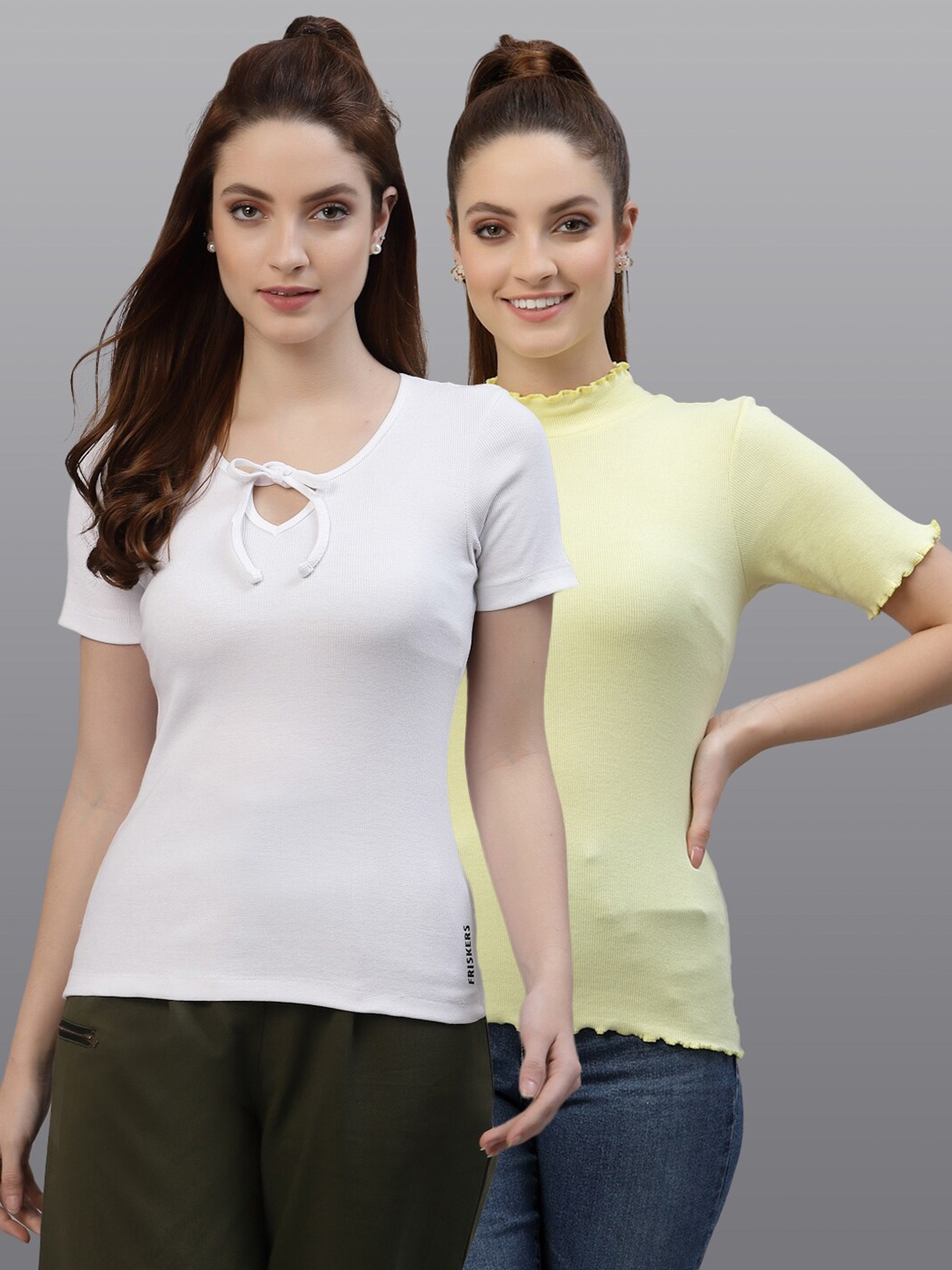 

Friskers Pack of 2 Women White & Yellow Solid Keyhole Neck Top